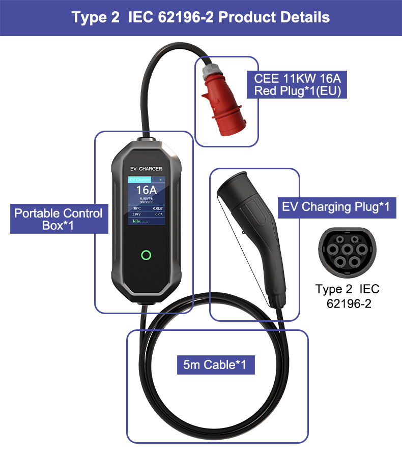Type2 Charging Station 11Kw European Standard Tesla Aito New Energy Vehicle Dedicated Charger High Flame Retardant Pc