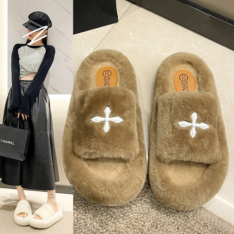 New one-word Mao Mao slippers women's Korean-style cross flower thick-soled high-quality Mao slippers soft-soled fashionable flat Mao Mao shoes