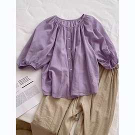 法式紫色泡泡袖短袖衬衫女夏薄款娃娃衫雪纺衬衣半袖上衣小衫