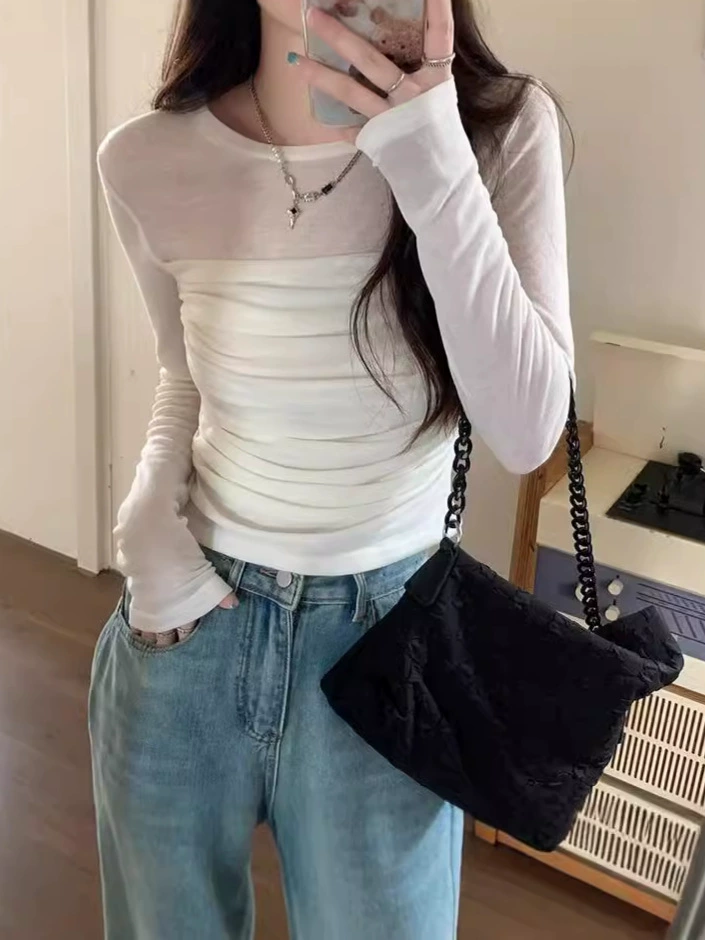 Женская футболка с длинным рукавом Slim-Fit, осенняя комфортная для тела, сборка на груди, легкая