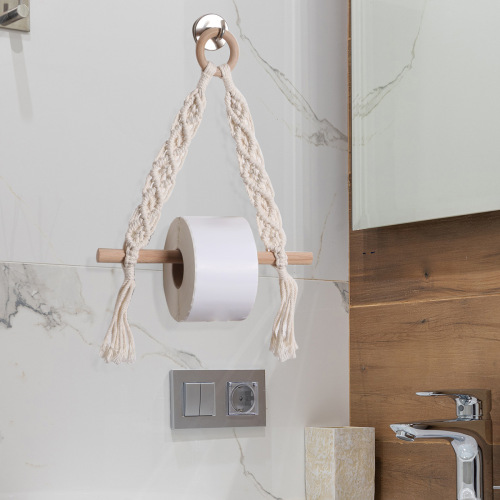 Bohemian style handmade woven cotton rope tissue holder paper holder woven towel rack bathroom wall hanging item