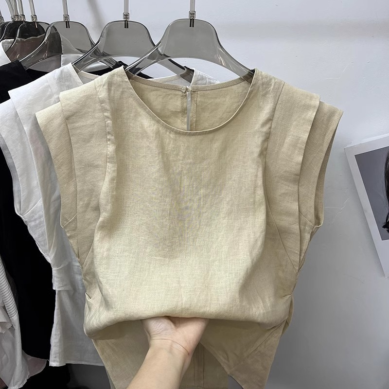 リネンレディース夏薄手2025新作かわいいシャツリネンコットン小飛袖シャツ半袖トップノースリーブ|undefined