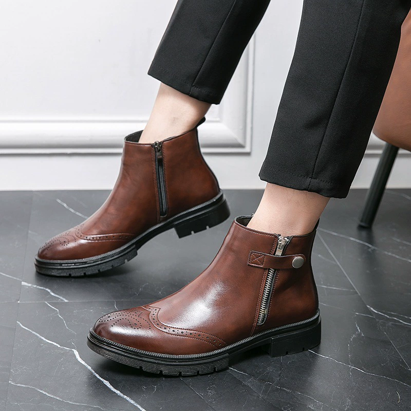 新款大码46布洛克雕花切西尔男靴侧拉链高帮皮鞋英伦休闲工装短靴