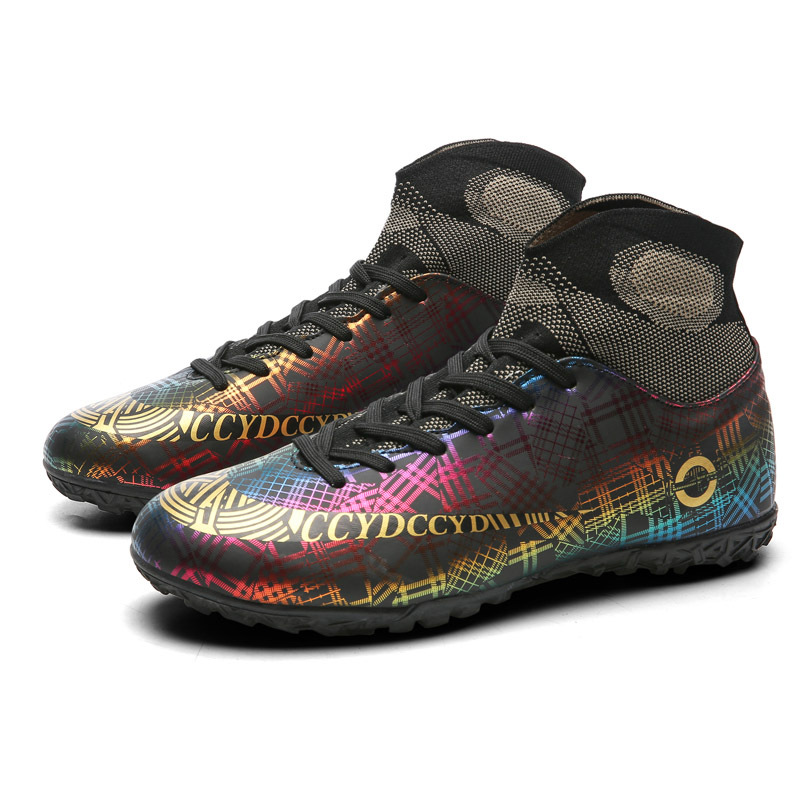 Venta al por mayor zapatos de fútbol resistente al desgaste transpirable Pato Mandarín color alto-top antideslizante Plaid casual corto clavo hierba juventud entrenamiento zapatos