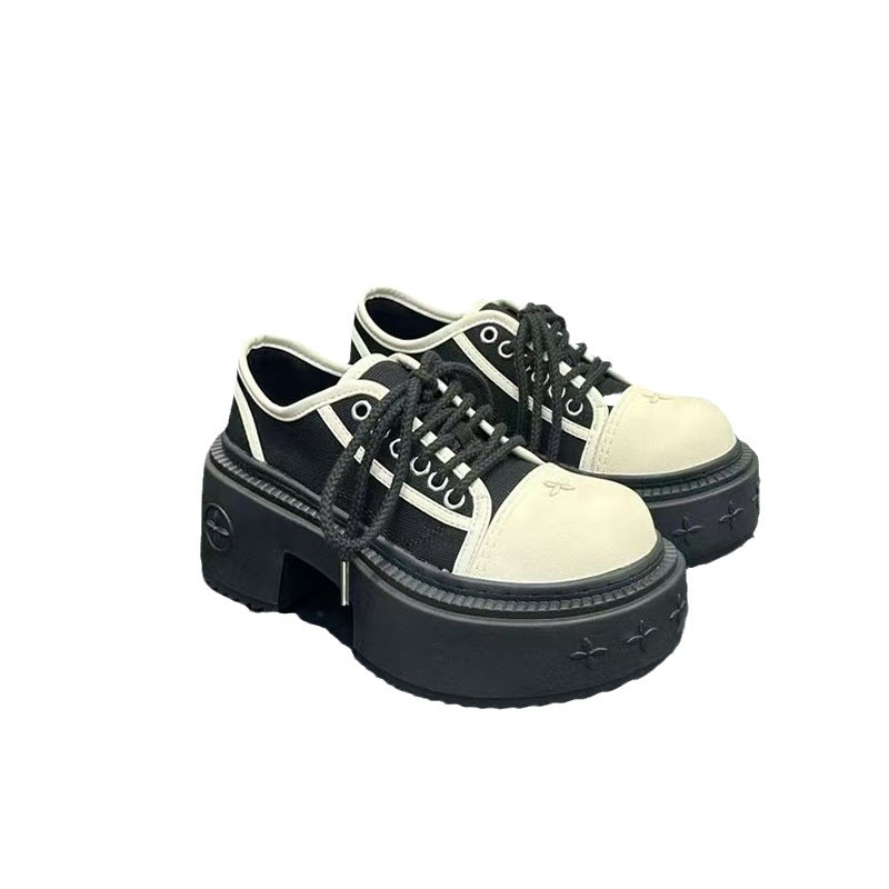 Yinyin Mercury Su 7CM Round Toe Canvas Women SMFK Cross Thick Sole For Short People Panda Big Head Derby Shoes_vogvips.com