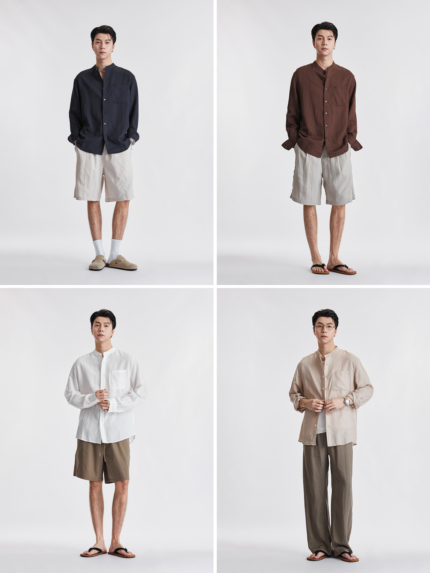 Áo sơ mi nam linen cổ đứng tay dài mùa hè, chất liệu lanh thoáng khí, phong cách Trung Hoa, túi đơn — Xanh navy