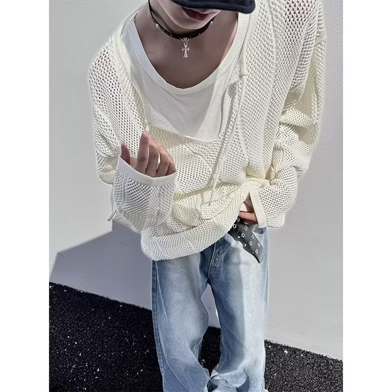 Hombres y mujeres, camisas de punto huecas, nuevas camisas de moda sueltas, camisas de protección solar delgadas, camisas de cuello en V, camisas de manga larga, camisas de moda