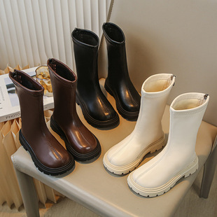 Girls' Boots 2025 Spring & Fall New Soft Leather Boots Black Kidsren's Knight Boots Little Girls Winter Velvet Boots