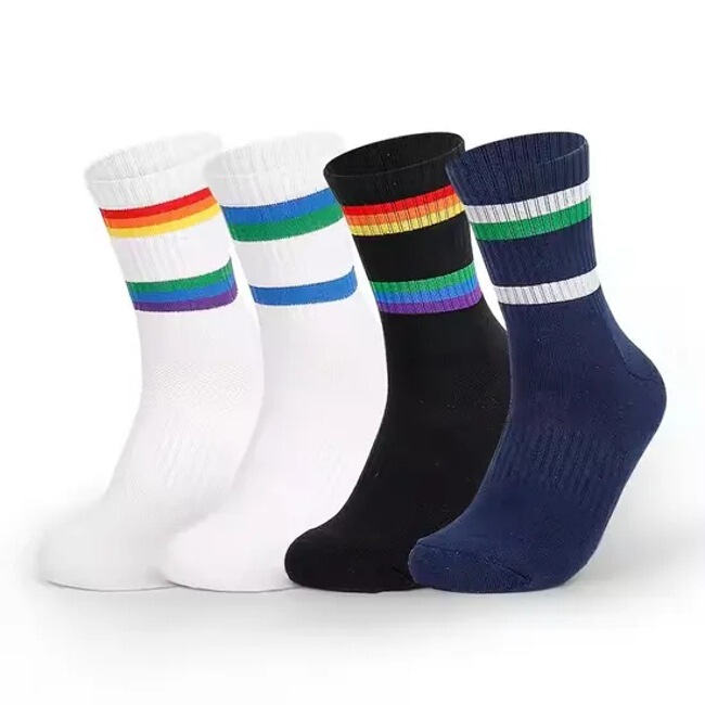 Custom Logo White Sports Beach Tennis Socks Crew Striped Athletic Badminton Socks