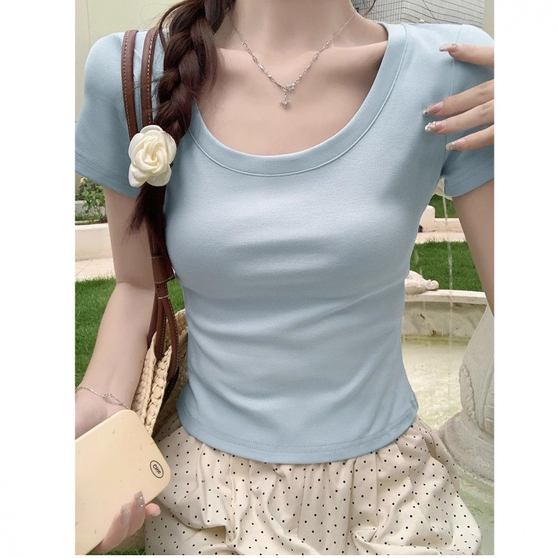 Dopamine White Blue Summer Collarbone-exposed Short-sleeved T-shirt Women's Slim-fit Shoulder Short Cropped Top