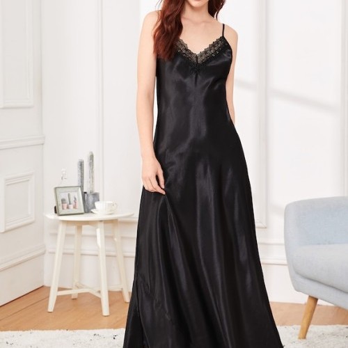 Solid Color Imitation Silk Suspenders Extended Nightgown for Women Lace Sexy Pajamas Summer Comfortable Home Wear Export