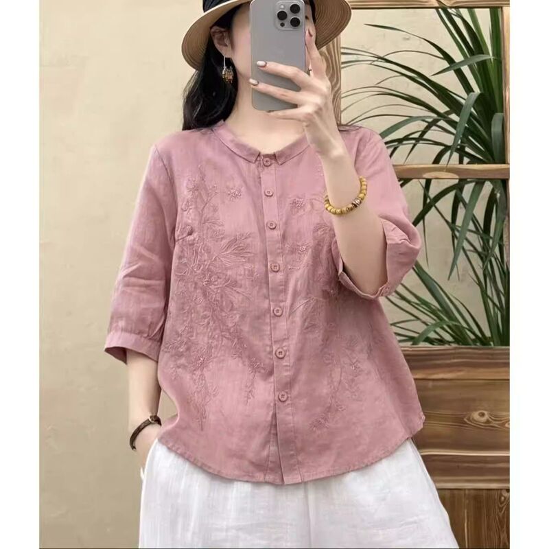 Retro Artistic Embroidered Shirt for Women, Summer Thin Breathable Half-Sleeve Blouse, Loose Fit Slimming Top