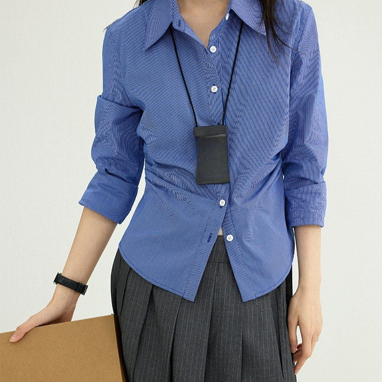 Trendy Preppy Retro Style Versatile Pleated Shirt Waist-Slimming Top Multi-Season Plaid Shirt