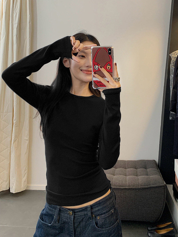 辣妹正肩上衣2025秋冬新款纯色掐腰显身材百搭长袖T恤女装打底衫|undefined