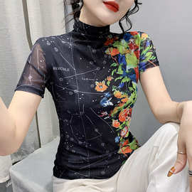 欧货女装2022秋冬时尚短袖高领网纱t恤女定位花上衣一件起批内搭