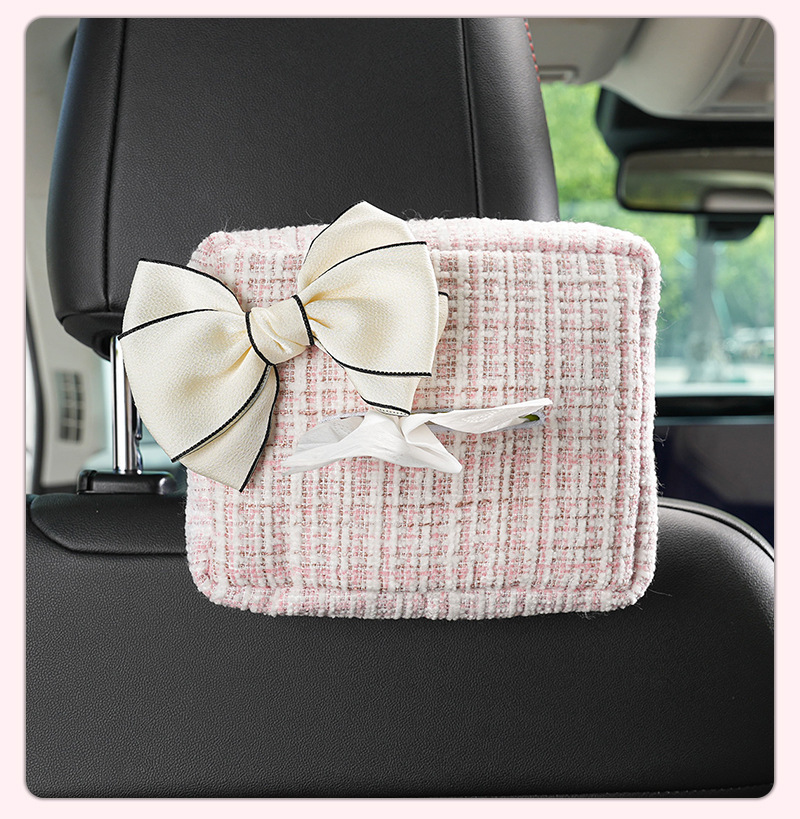 Chanel-Style Bowknot Car Tissue Box, Fabric Seat Back Hanging Tissue Box, Manufacturer's Ready Stock Wholesale for Cross-Border Trade