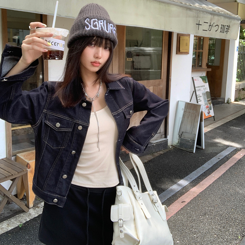 【今茵】早秋美式复古原牛色短款夹克百搭休闲牛仔长袖外套女新款|undefined