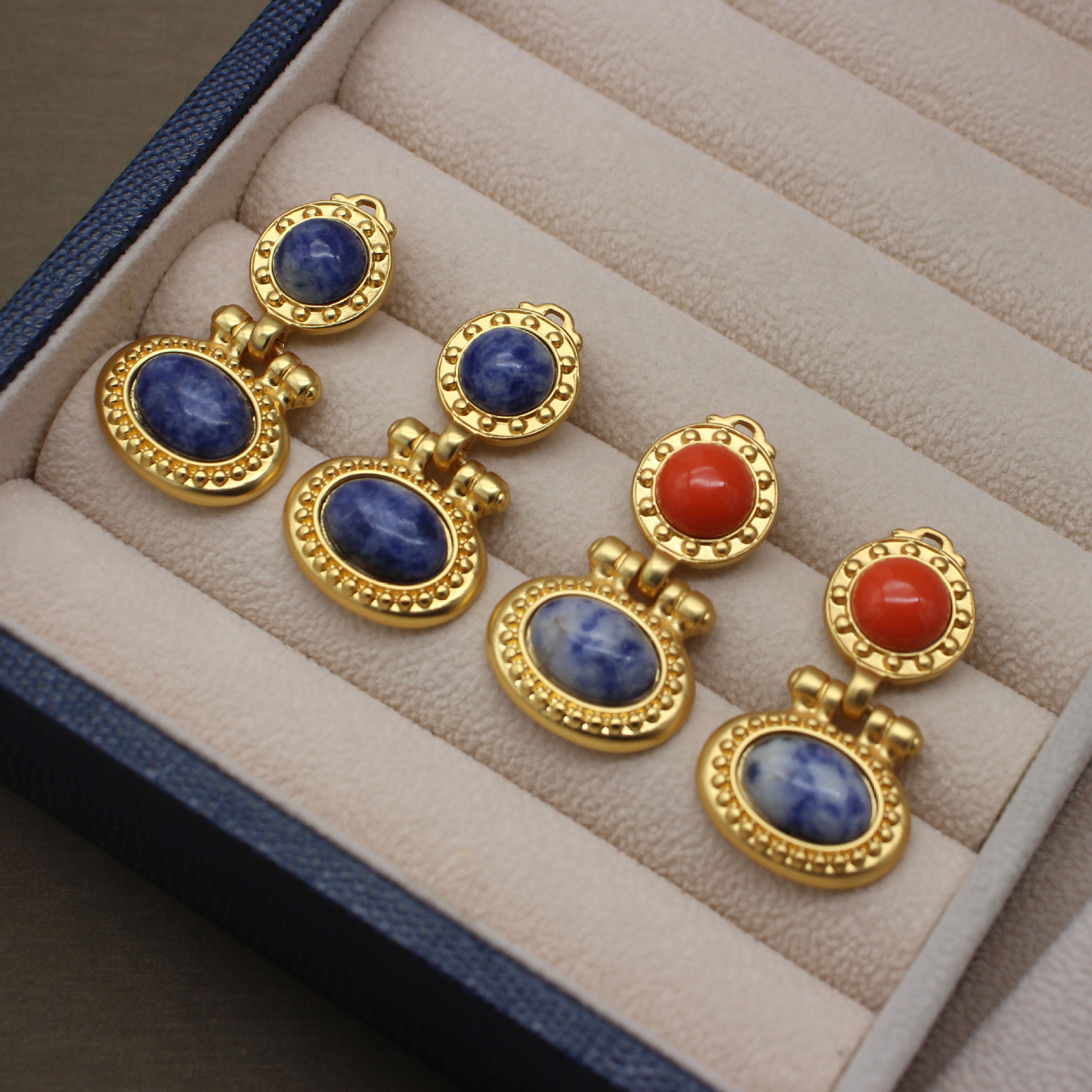 Retro Oval Copper Plating Inlay Artificial Gemstones Drop Earrings 1 Pair