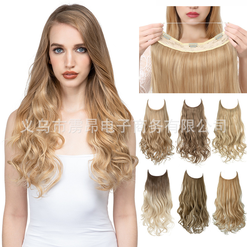 Long Curly Wavy Hair with Transparent Line, Source Factory, European and American Style Wig, Fish Line Style with Clips