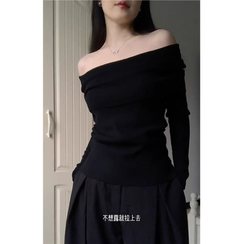 法式黑色一字肩上衣女春秋露肩设计感小众修身气质内搭长袖针织衫|undefined