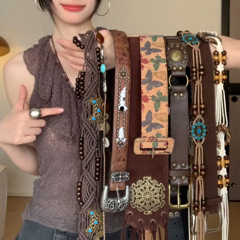 棕色美式西部废土风美拉德宽腰带女新款铆钉拼接配牛仔裤配饰腰封|undefined