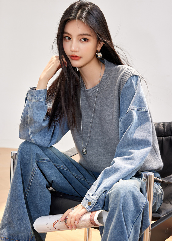实拍◆有现货◆慵懒风灰色毛衣假两件上衣女秋冬2025新款牛仔袖拼|undefined
