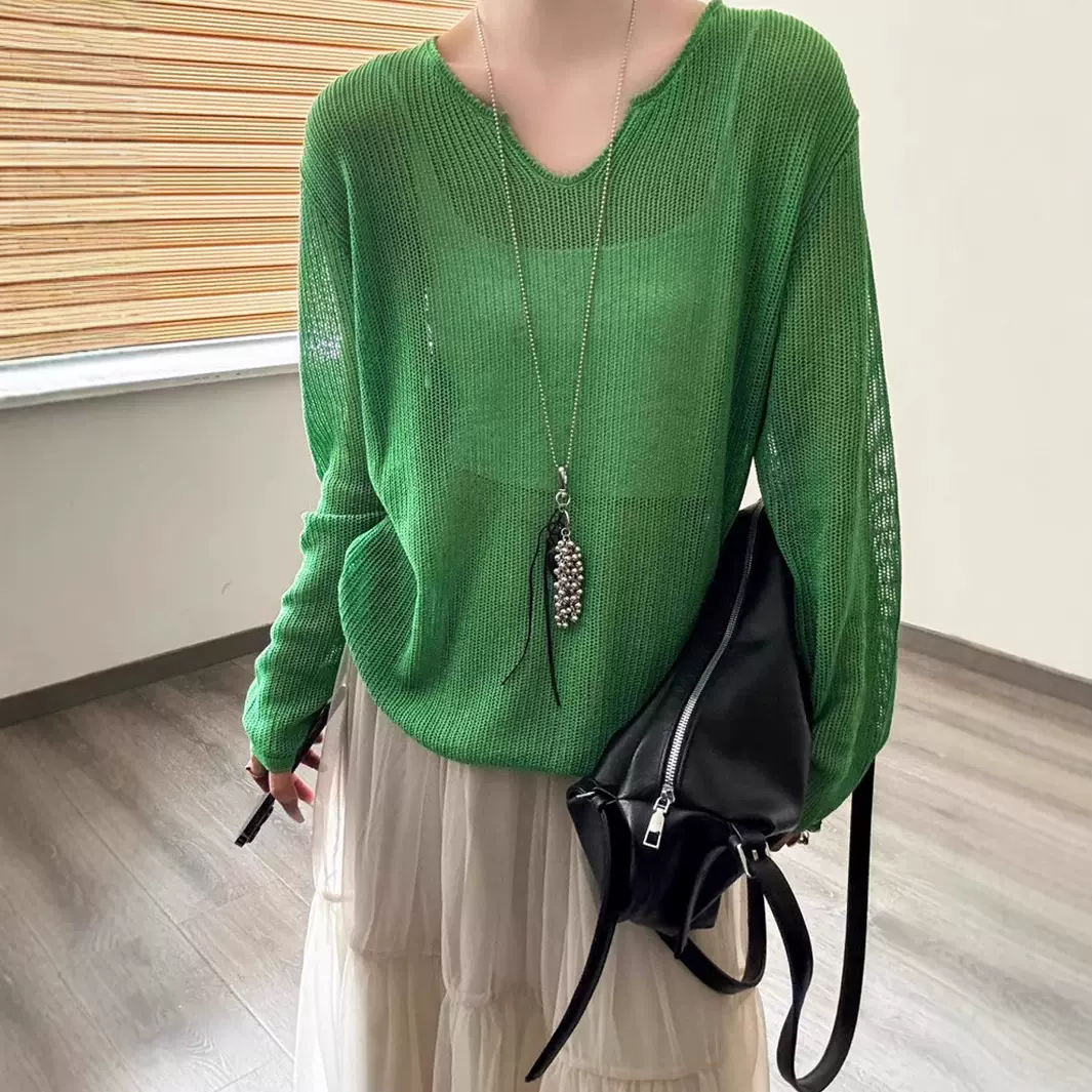 韩系新款镂空水滴领羊毛针织衫透气舒适潮流百搭半透叠穿打底衫女