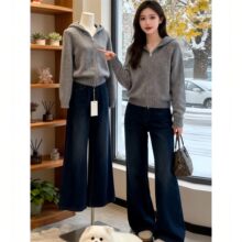 仅用于产品展示勿拍-灰色拉链连帽针织衫女秋冬2025新款宽松洋气