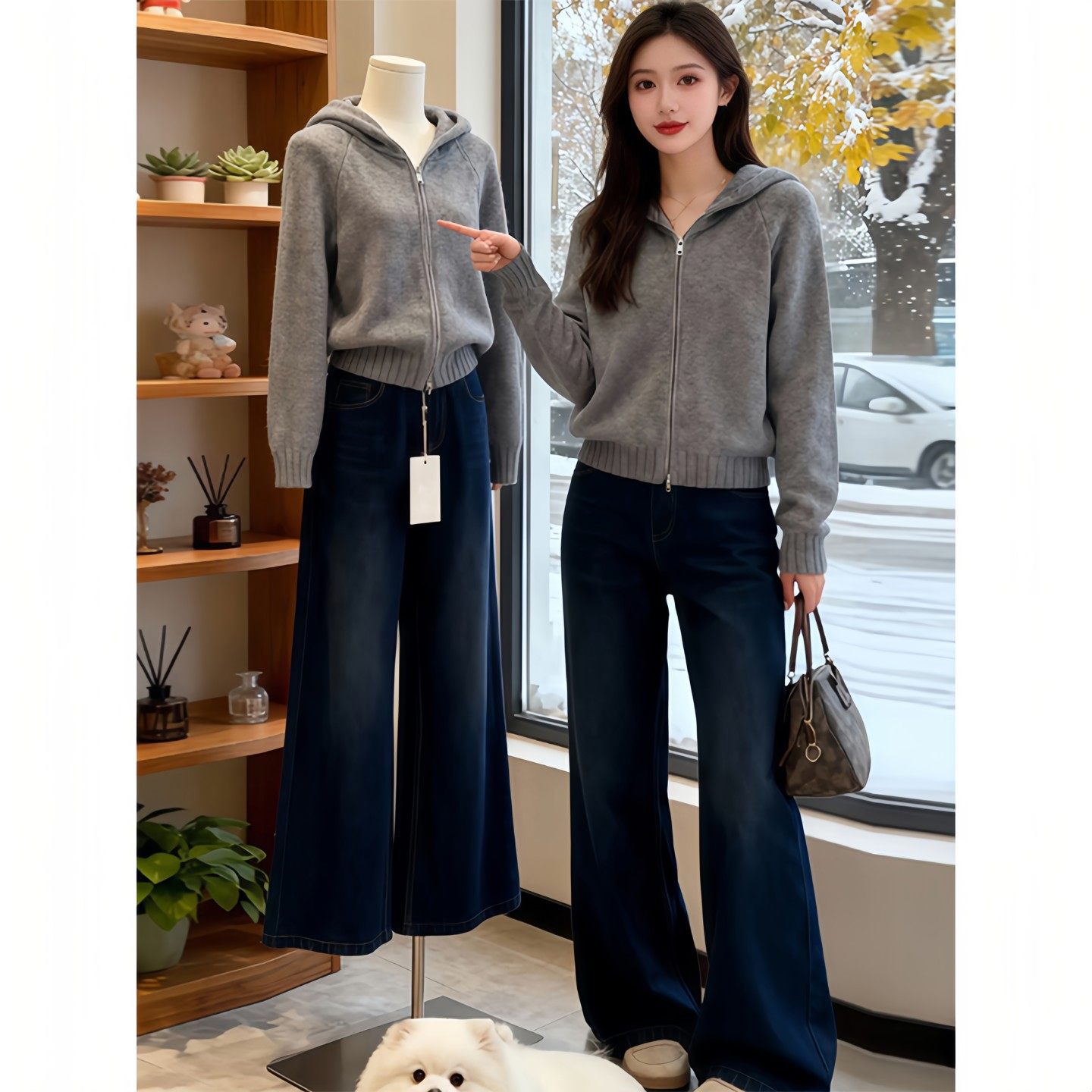 仅用于产品展示勿拍-灰色拉链连帽针织衫女秋冬2025新款宽松洋气