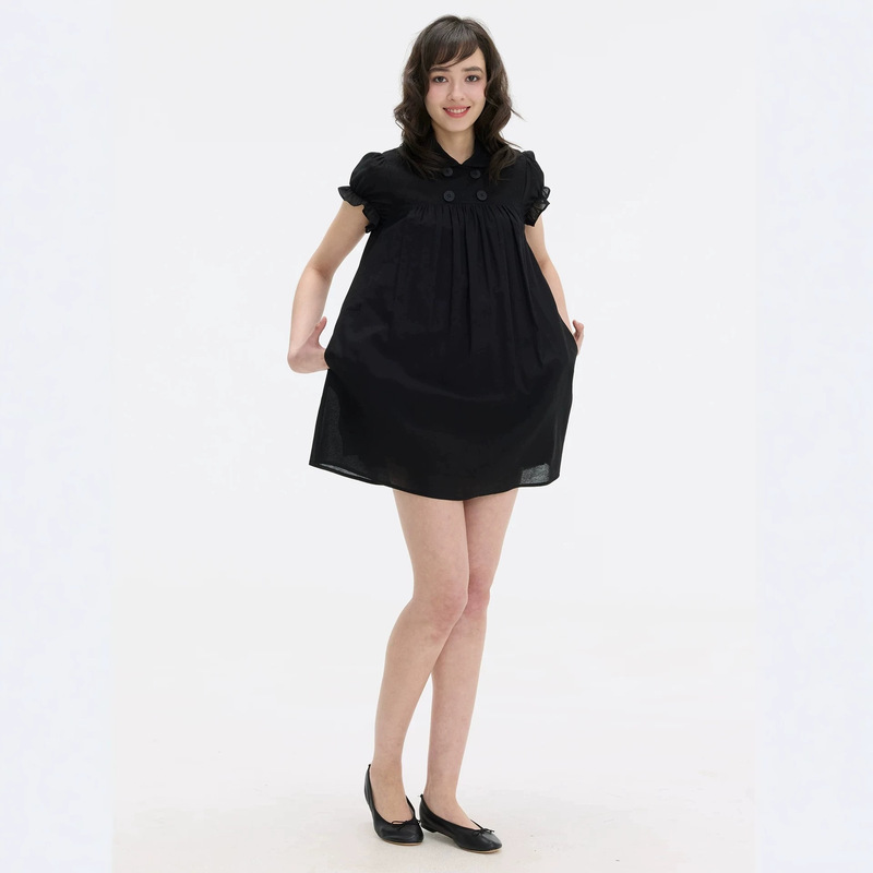 Veryrareme 【Same style as Sister Teng】 Lyocell linen doll collar puff sleeve mini dress