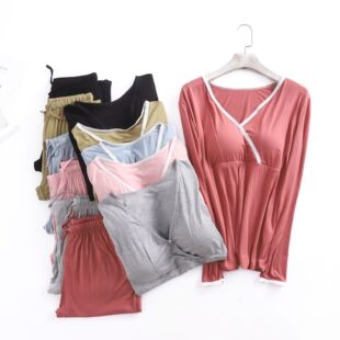 Modal Breastfeeding Long-sleeved Trousers Pregnant Women's Summer Monthly Clothing Home Breastfeeding Casual Going Out V-neck Lace Suit