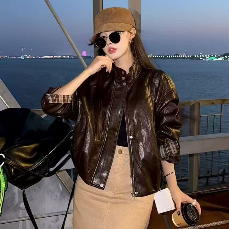 咖色复古立领PU皮衣外套女2025春秋新款小个子时尚炸街机车皮夹克|undefined