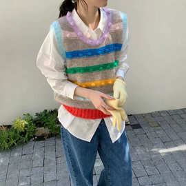 多巴胺彩色条纹圆领加厚针织背心毛衣马甲女款2026新款设计感上衣