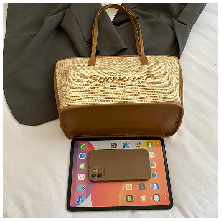 Straw woven letter large-capacity bag 2025 single-shoulder large bag for women, new beach woven summer Korean-style tote bag undefined