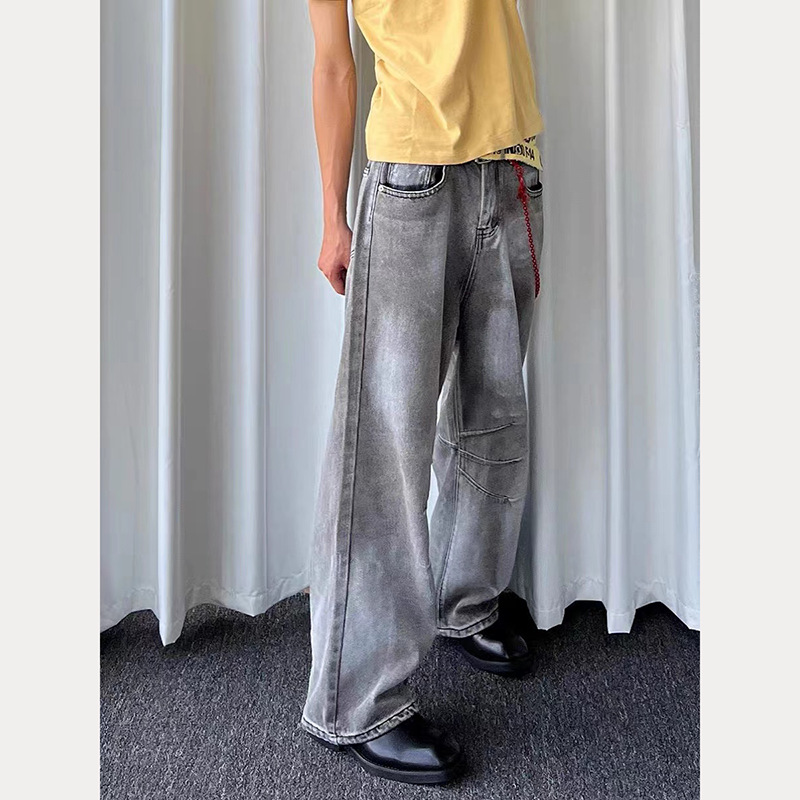 American Vintage Heavy Wash Light Gray Faded Jeans Unisex High Street Loose Fit Wide Leg Straight Pants_mkmklike.com