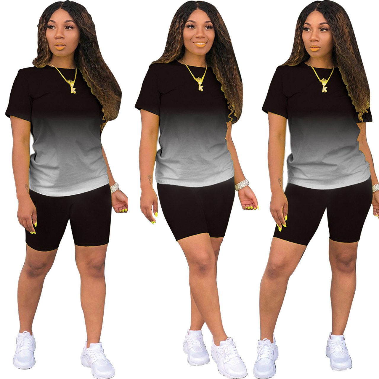 Casual Gradient Color Short-Sleeved Tee & Shorts Set NSYF48284