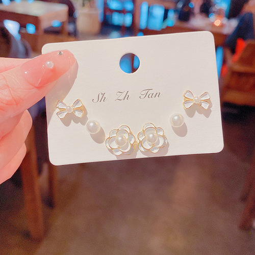 S925 Silver Needle Super Fairy Temperament Set Flower Earrings Women's Small Fresh Simple Oil Drop Pearl Earrings Net Red Earrings