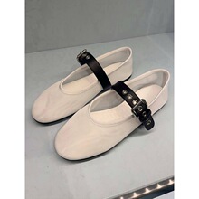 羊皮~小众miu系网纱白色一字带玛丽珍鞋女单鞋平底真皮晚晚风鞋子