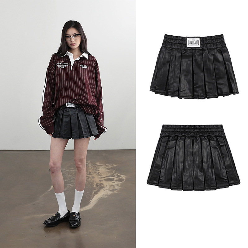 badblood Leather Pleated Mini Skirt American Style Vintage Casual Short Skirt Women's Lazy College Style Skirt 25