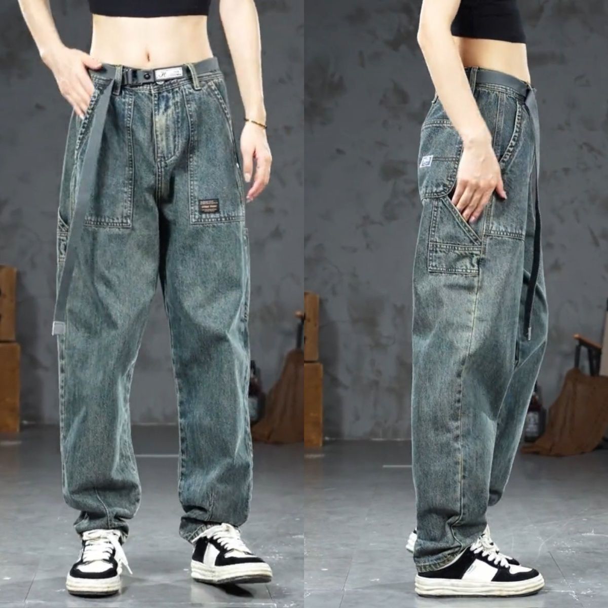 boy Men's Autumn Winter American Retro Hot-Selling Cargo Jeans Trendy New Pocket Casual Loose Long Pants_viptrois.com