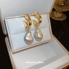 Silver needle, retro fashionable earrings from pearl, french style, wholesale