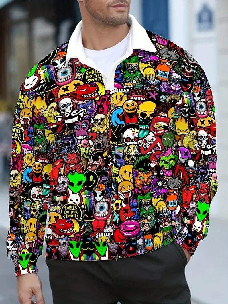 Sudadera de otoño e invierno para hombre, primavera y otoño, versión europea, nuevo top suelto de cuello medio abierto, estampado de tendencia colorida MB14