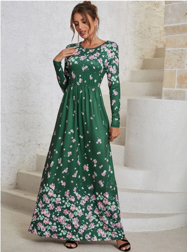 Women's Swing Dress Elegant Round Neck Printing Long Sleeve Flower Maxi Long Dress Daily display picture 2