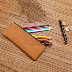 Men's vegetable-tanned first-layer cowhide zipper pen bag, genuine leather handmade large-capacity pen cover, ultra-thin student stationery bag