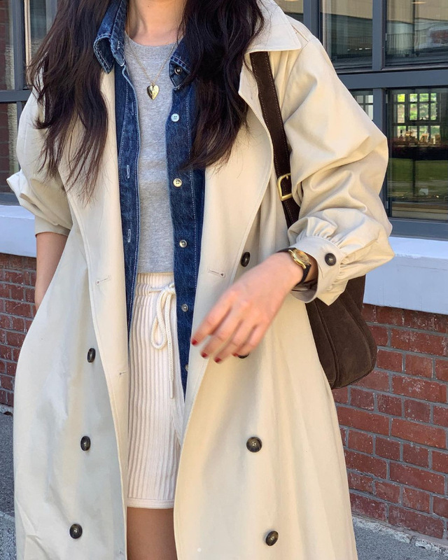韩版复古慵懒风翻领双排扣系带收腰长袖过膝长款风衣外套女88455|undefined