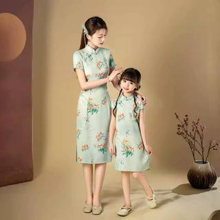 亲子装2025新款母女裙夏季天丝麻复古旗袍女童连衣裙修身可爱裙子