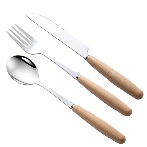 Japanese-style wooden-handled stainless steel knife, fork, and spoon set, Western-style steak knife, wooden and stainless steel dining utensils, soup spoon, fruit, and dessert fork