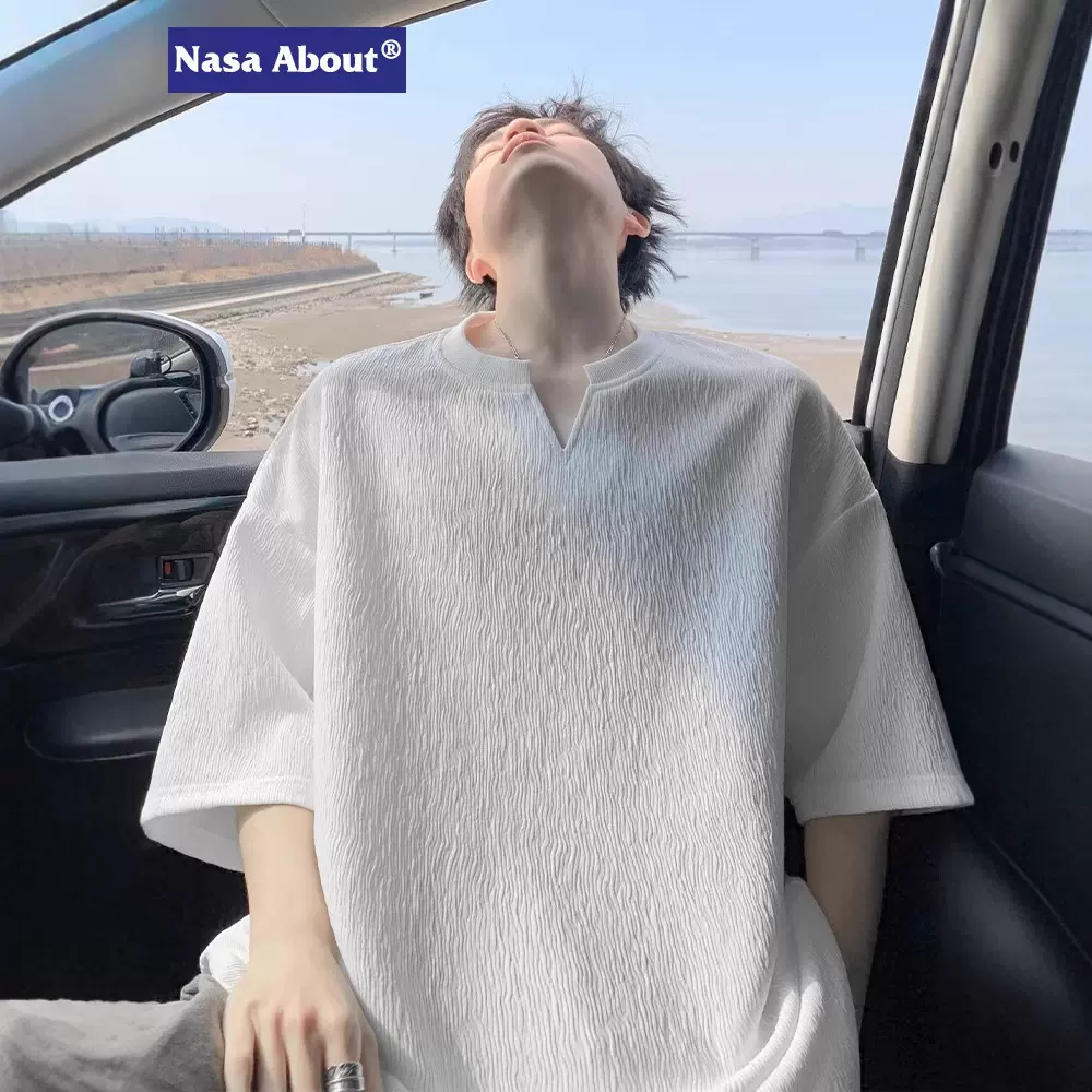 NASA高街潮牌V领肌理感短袖T恤男士2025新款夏季薄款凉感纯色半袖