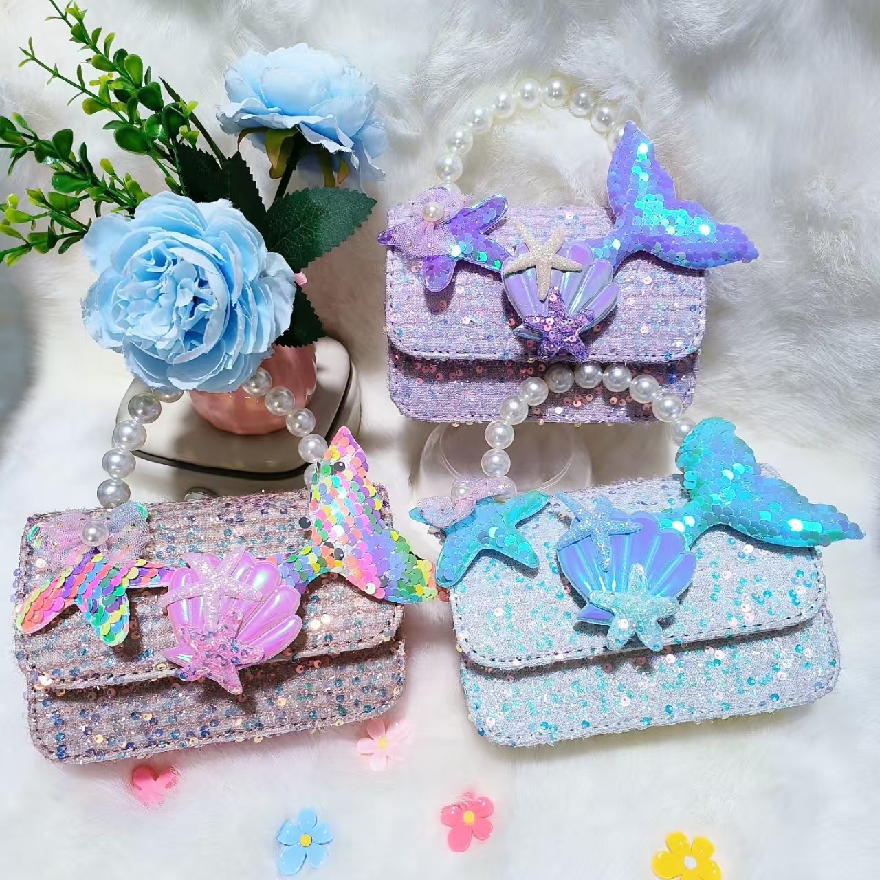 Bolsos infantiles transfronterizos conchas accesorios de cola de pescado lindos bolsos de bambú perlas mariposa bolsos de dibujos animados