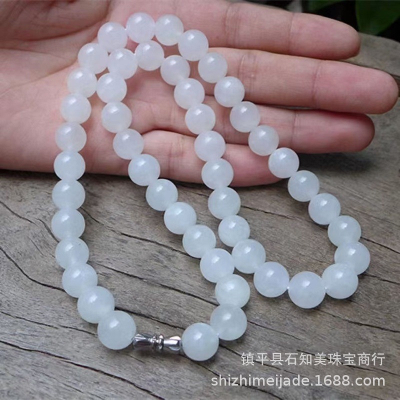 新疆和田羊脂白玉金丝玉圆珠项链男女款紫罗兰天山翠圆珠妈妈链|undefined